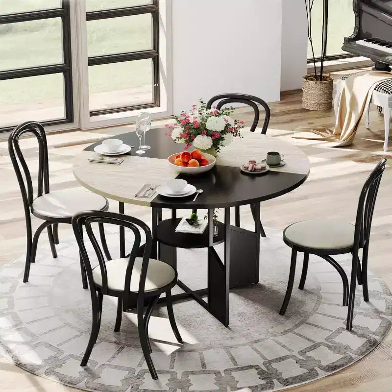Table à manger ronde de ferme de 150 cm, plateau en bois et piétement en métal, 4 à 6 places, pieds réglables