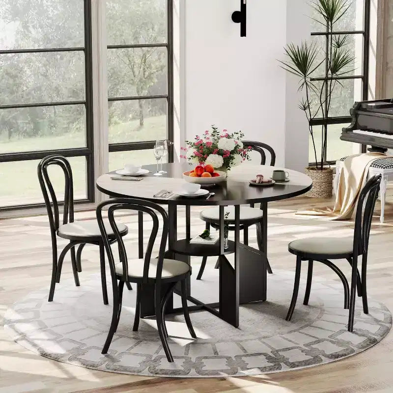 Table à manger ronde de ferme de 150 cm, plateau en bois et piétement en métal, 4 à 6 places, pieds réglables
