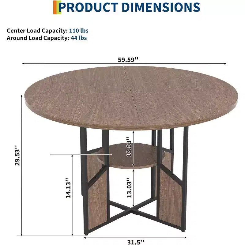 Table à manger ronde de ferme de 150 cm, plateau en bois et piétement en métal, 4 à 6 places, pieds réglables