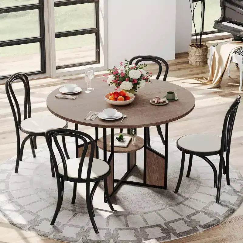 Table à manger ronde de ferme de 150 cm, plateau en bois et piétement en métal, 4 à 6 places, pieds réglables