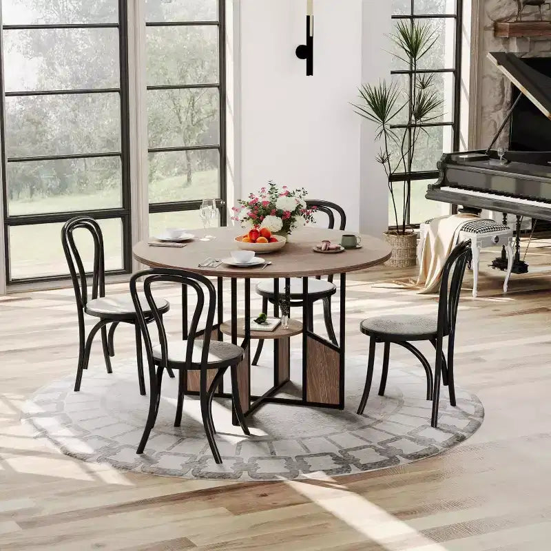 Table à manger ronde de ferme de 150 cm, plateau en bois et piétement en métal, 4 à 6 places, pieds réglables