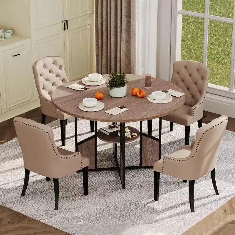 Table à manger ronde de ferme de 150 cm, plateau en bois et piétement en métal, 4 à 6 places, pieds réglables