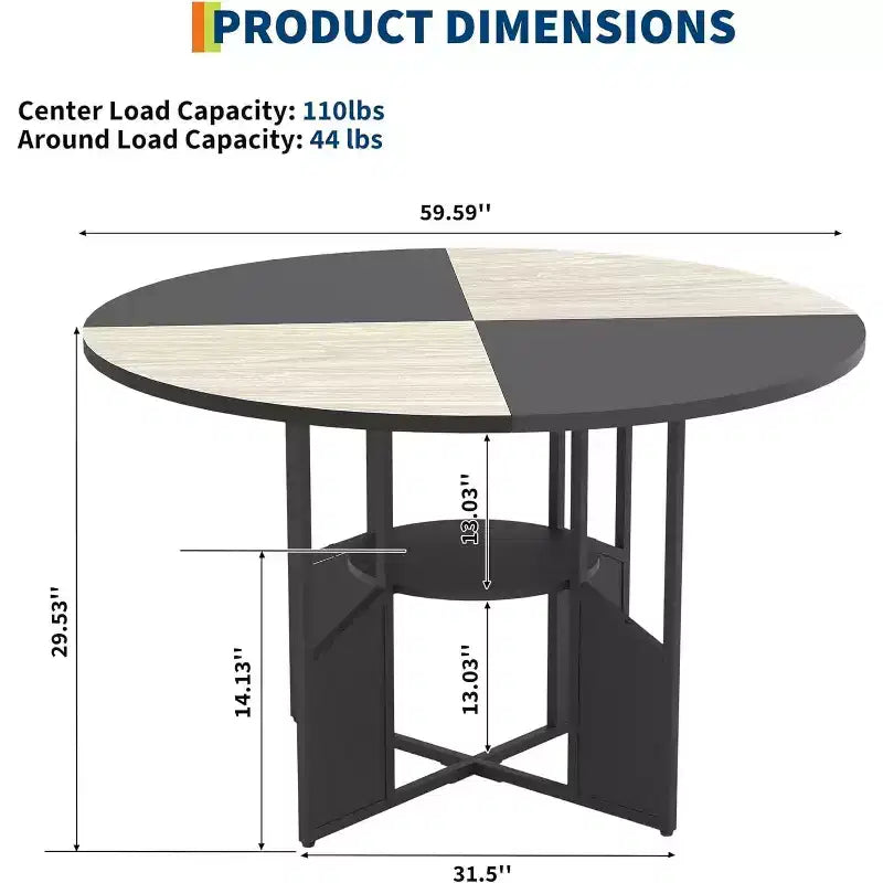 Table à manger ronde de ferme de 150 cm, plateau en bois et piétement en métal, 4 à 6 places, pieds réglables