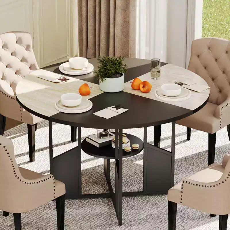 Table à manger ronde de ferme de 150 cm, plateau en bois et piétement en métal, 4 à 6 places, pieds réglables