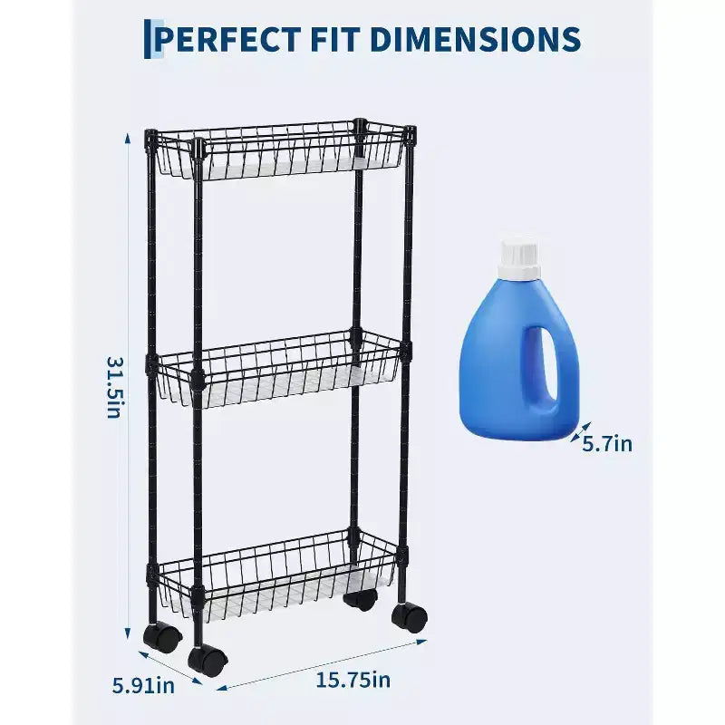 Chariot de Rangement Fin à 3 Niveaux avec Roues et Étagères Réglables, pour les Coins Étroits