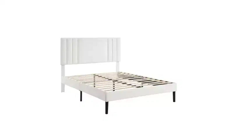 Cadre de lit plateforme King Size avec tête de lit en similicuir et lattes en bois, sans sommier à ressorts