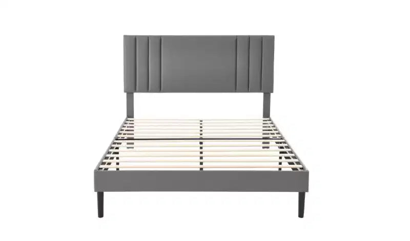 Cadre de lit plateforme King Size avec tête de lit en similicuir et lattes en bois, sans sommier à ressorts