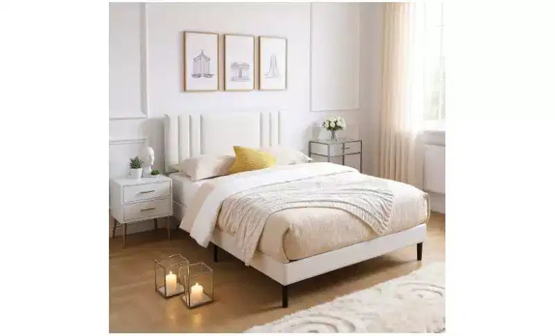 Cadre de lit plateforme King Size avec tête de lit en similicuir et lattes en bois, sans sommier à ressorts