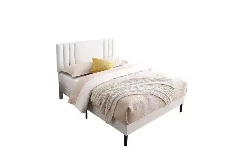 Cadre de lit plateforme King Size avec tête de lit en similicuir et lattes en bois, sans sommier à ressorts