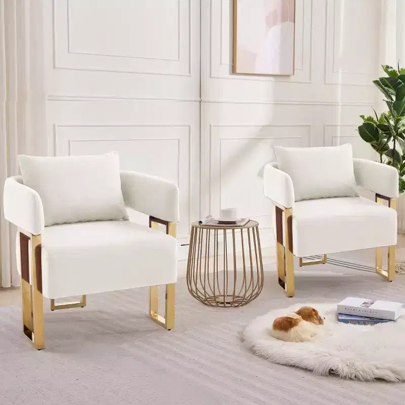 Lot de 2 fauteuils d'appoint modernes rembourrés avec pieds carrés en métal doré et coussin en mousse, 66 cm (largeur)