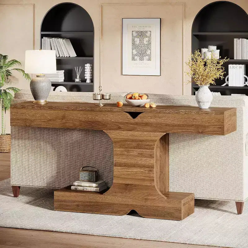Console moderne de 63 po, table de canapé en bois de noyer pour entrée, couloir et salon