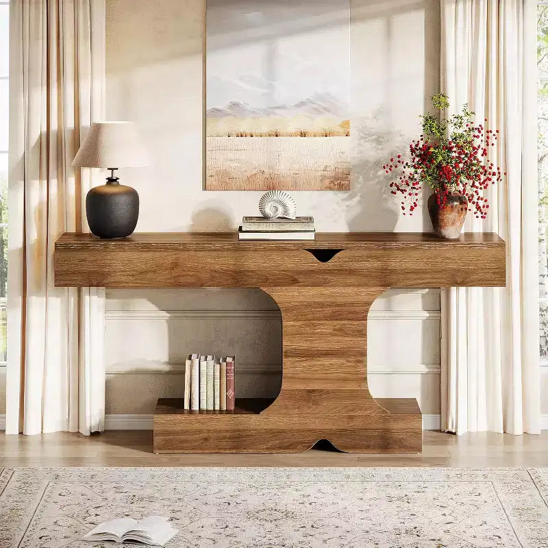 Console moderne de 63 po, table de canapé en bois de noyer pour entrée, couloir et salon