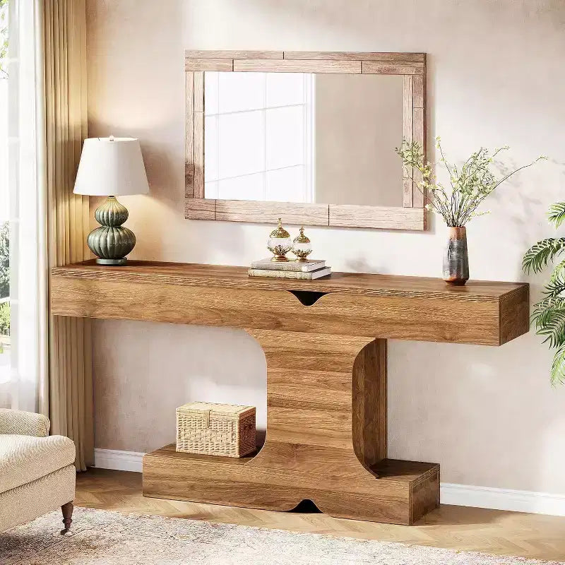 Console moderne de 63 po, table de canapé en bois de noyer pour entrée, couloir et salon