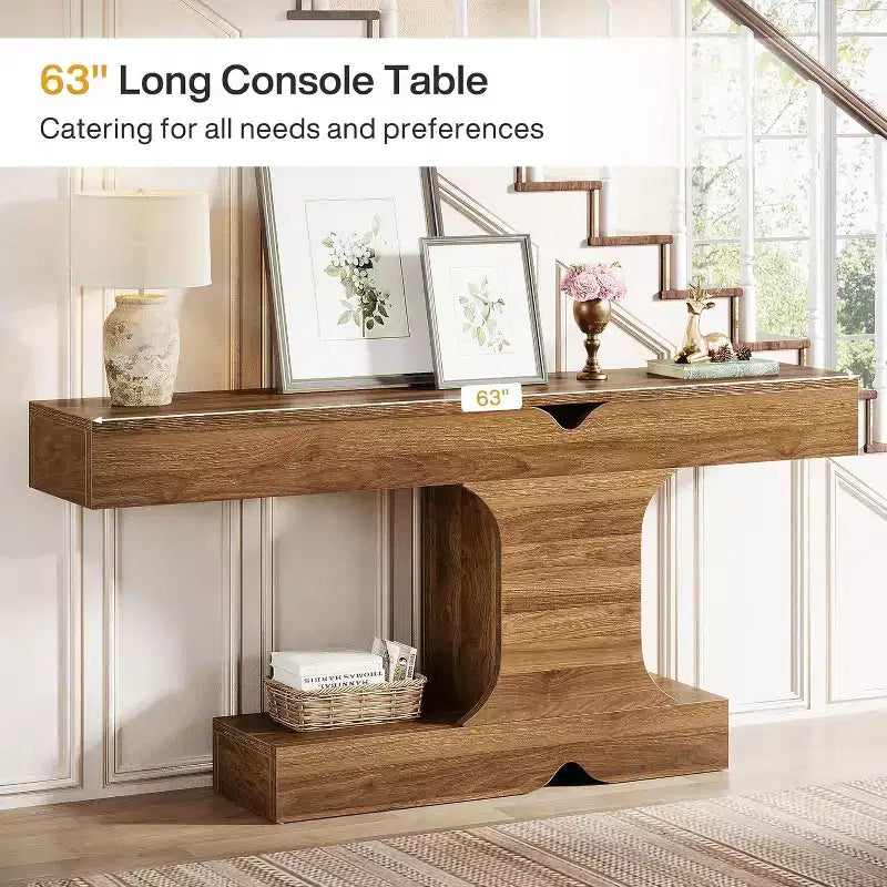 Console moderne de 63 po, table de canapé en bois de noyer pour entrée, couloir et salon