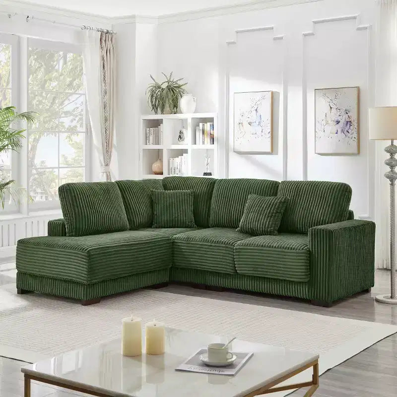 Canapé d'angle en forme de L de 236 cm avec méridienne réversible, en velours côtelé doux, vert