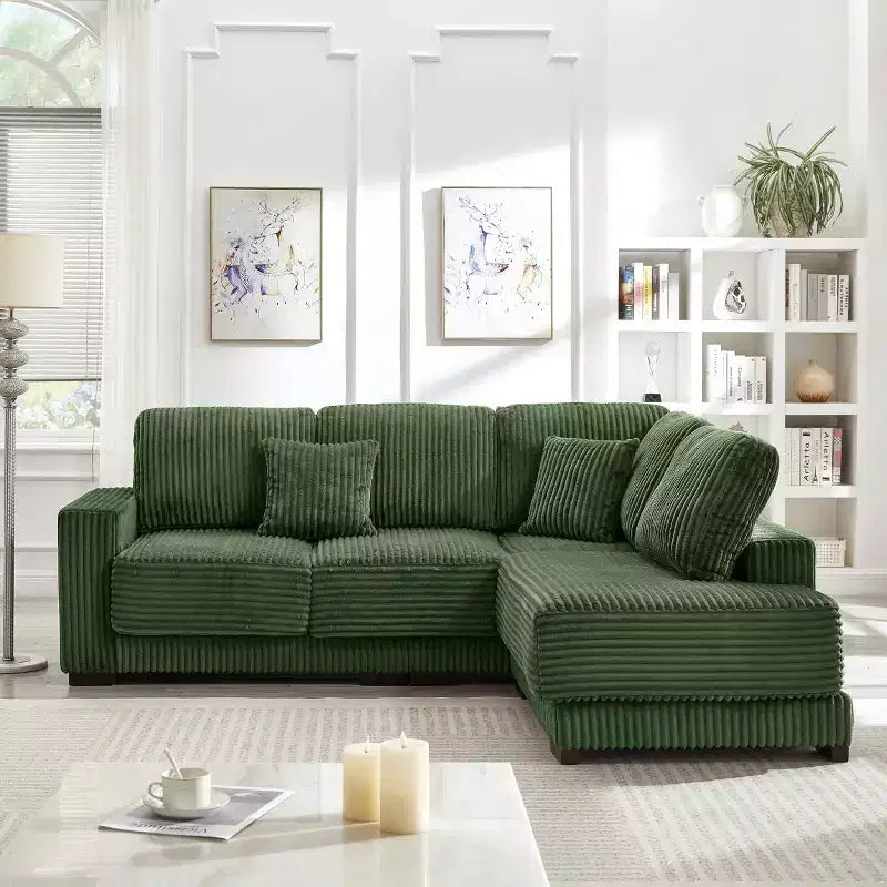 Canapé d'angle en forme de L de 236 cm avec méridienne réversible, en velours côtelé doux, vert