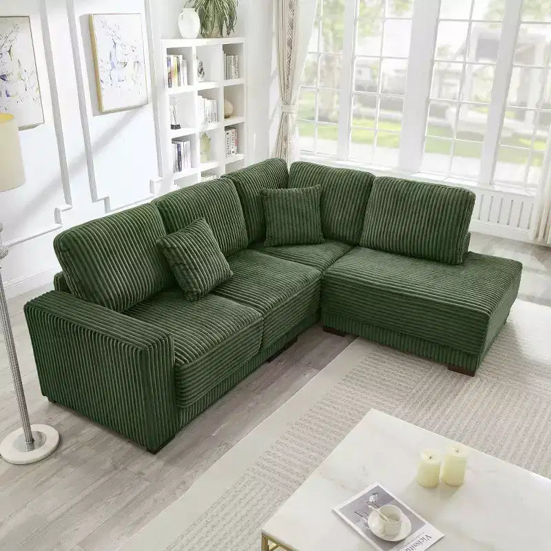Canapé d'angle en forme de L de 236 cm avec méridienne réversible, en velours côtelé doux, vert