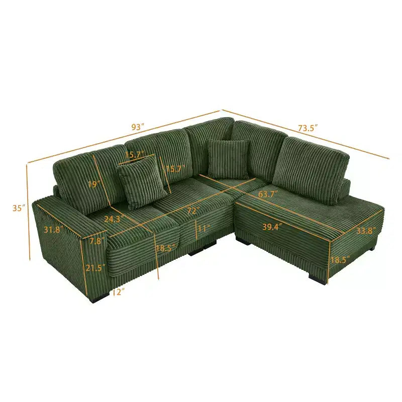 Canapé d'angle en forme de L de 236 cm avec méridienne réversible, en velours côtelé doux, vert