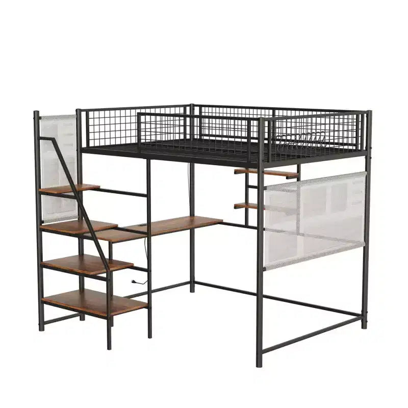 VIYET Full Size Black Loft Metal Bed - Desk, Charging Station, LED Lights & Storage, 400LBS Capacity for Bedroom/Dorm