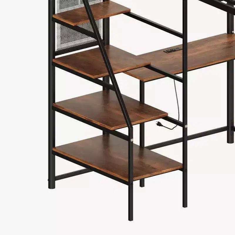 Lit mezzanine en métal noir pleine grandeur avec bureau, station de recharge, lumières LED et rangement, 181 kg