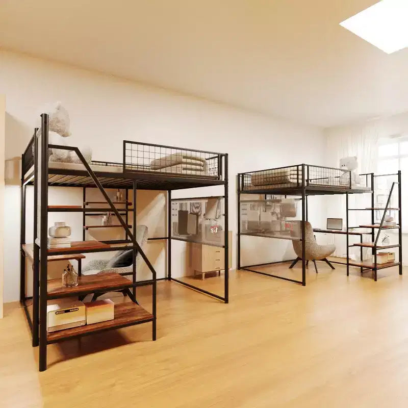 Lit mezzanine en métal noir pleine grandeur avec bureau, station de recharge, lumières LED et rangement, 181 kg