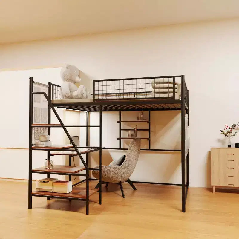 Lit mezzanine en métal noir pleine grandeur avec bureau, station de recharge, lumières LED et rangement, 181 kg