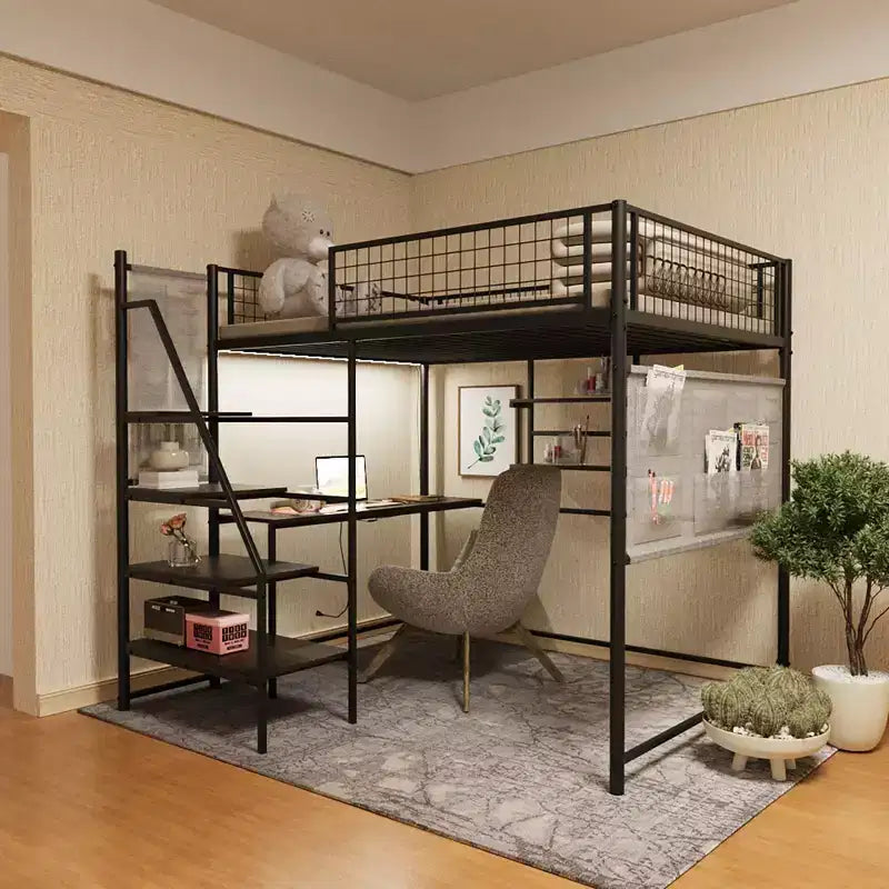 Lit mezzanine en métal noir pleine grandeur avec bureau, station de recharge, lumières LED et rangement, 181 kg