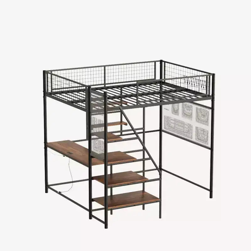 Lit mezzanine en métal noir pleine grandeur avec bureau, station de recharge, lumières LED et rangement, 181 kg