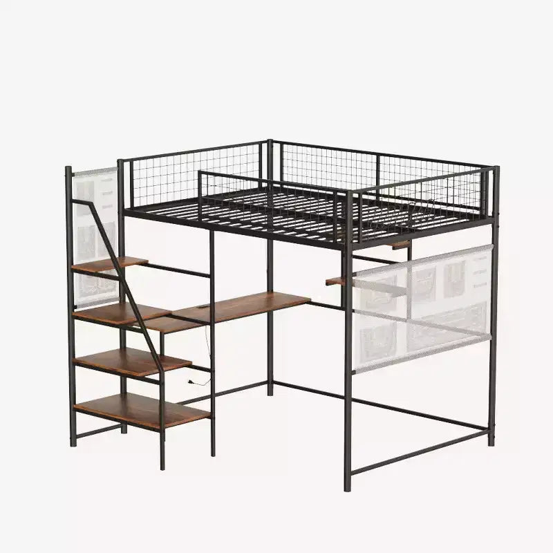 Lit mezzanine en métal noir pleine grandeur avec bureau, station de recharge, lumières LED et rangement, 181 kg