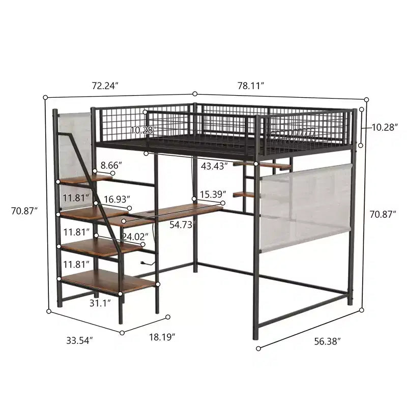 Lit mezzanine en métal noir pleine grandeur avec bureau, station de recharge, lumières LED et rangement, 181 kg