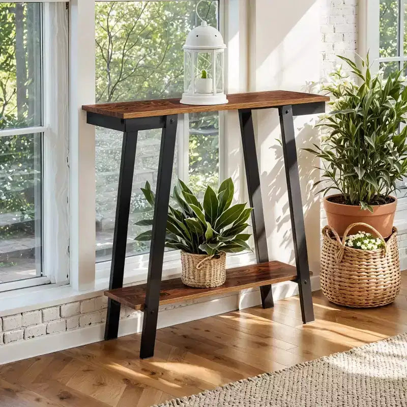 Console étroite de 29,9 po avec étagère de rangement à 2 niveaux, Brun industriel