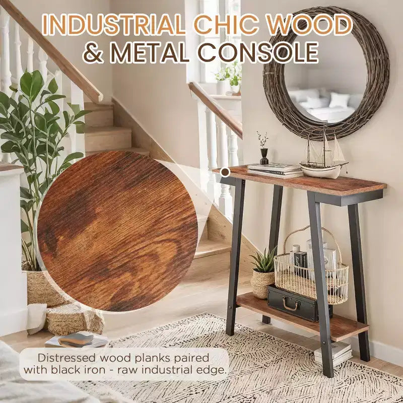 Console étroite de 29,9 po avec étagère de rangement à 2 niveaux, Brun industriel