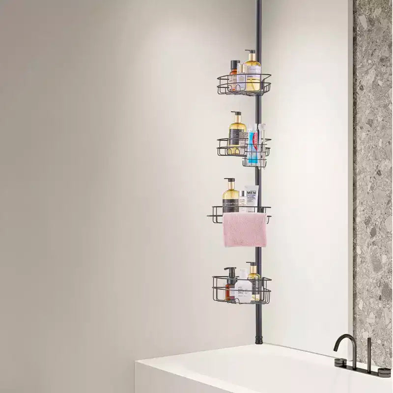 Étagère d'angle de douche télescopique à 4 niveaux, réglable de 142 à 290 cm, résistante à la rouille, sans perçage