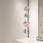 Étagère d'angle de douche télescopique à 4 niveaux, réglable de 142 à 290 cm, résistante à la rouille, sans perçage