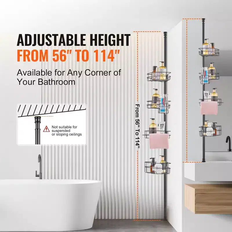 Étagère d'angle de douche télescopique à 4 niveaux, réglable de 142 à 290 cm, résistante à la rouille, sans perçage