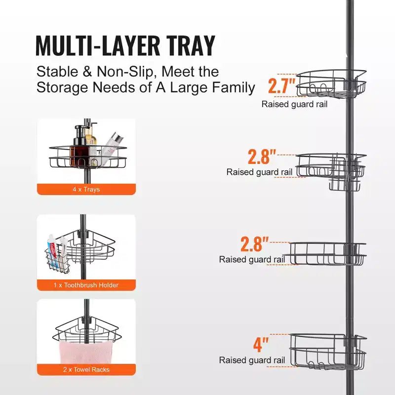 Étagère d'angle de douche télescopique à 4 niveaux, réglable de 142 à 290 cm, résistante à la rouille, sans perçage