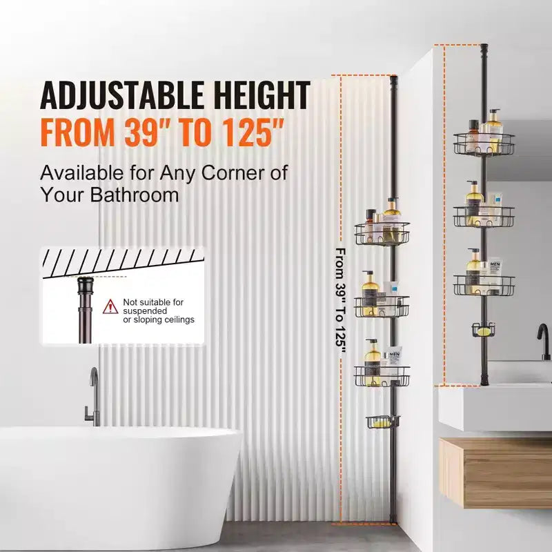 Étagère d'angle de douche à 3 niveaux avec poteau télescopique, réglable de 99 à 317 cm, résistant à la rouille, sans perçage