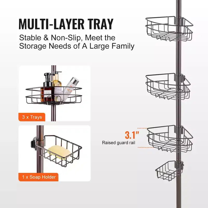 Étagère d'angle de douche à 3 niveaux avec poteau télescopique, réglable de 99 à 317 cm, résistant à la rouille, sans perçage