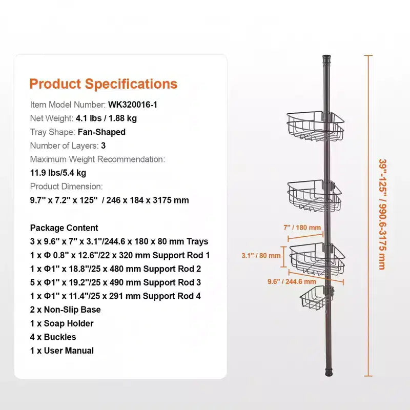 Étagère d'angle de douche à 3 niveaux avec poteau télescopique, réglable de 99 à 317 cm, résistant à la rouille, sans perçage