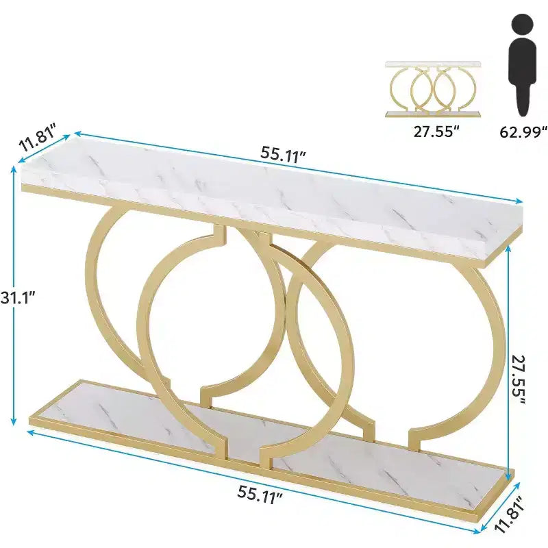Table console dorée de 140 cm avec plateau en faux marbre et cadre métallique géométrique, capacité de 100 kg