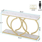 Table console dorée de 140 cm avec plateau en faux marbre et cadre métallique géométrique, capacité de 100 kg