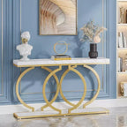 Table console dorée de 140 cm avec plateau en faux marbre et cadre métallique géométrique, capacité de 100 kg