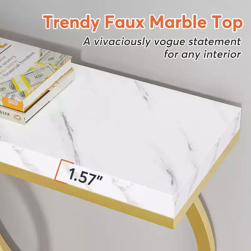 Table console dorée de 140 cm avec plateau en faux marbre et cadre métallique géométrique, capacité de 100 kg