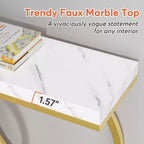Table console dorée de 140 cm avec plateau en faux marbre et cadre métallique géométrique, capacité de 100 kg
