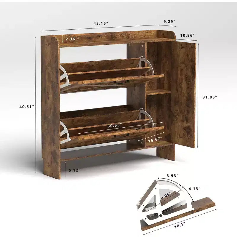 VIYET 41 Rustic Brown Freestanding Shoe Cabinet - MDF, 2 Flip Drawers & Mirror Doors, Narrow Entryway Storage, Customizable