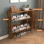 Meuble à chaussures autoportant brun rustique de 104 cm avec porte miroir et 2 tiroirs basculants, peut contenir 16 paires