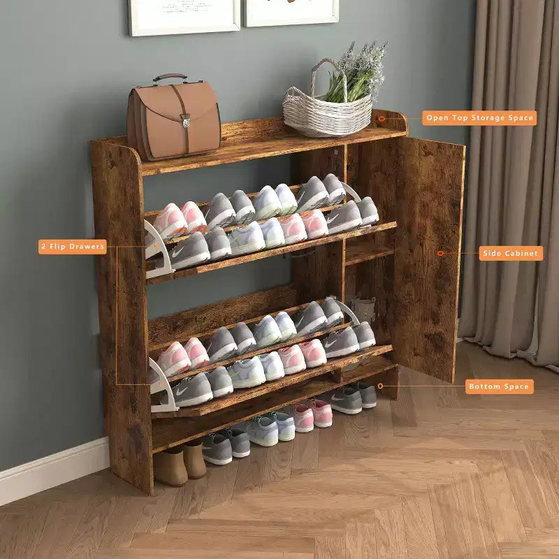 Meuble à chaussures autoportant brun rustique de 104 cm avec porte miroir et 2 tiroirs basculants, peut contenir 16 paires