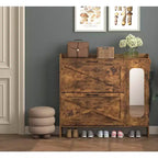 Meuble à chaussures autoportant brun rustique de 104 cm avec porte miroir et 2 tiroirs basculants, peut contenir 16 paires