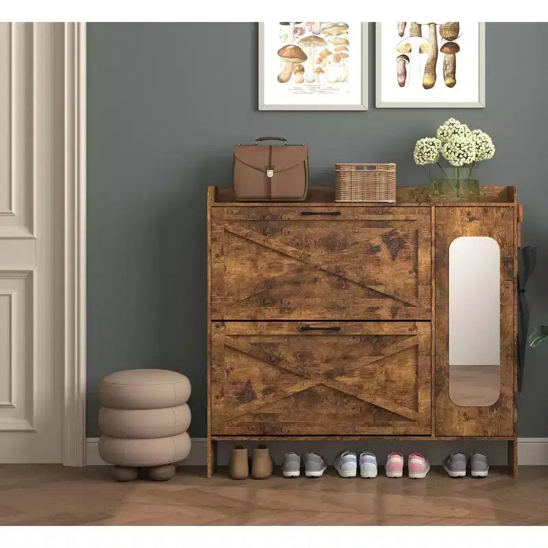 Meuble à chaussures autoportant brun rustique de 104 cm avec porte miroir et 2 tiroirs basculants, peut contenir 16 paires