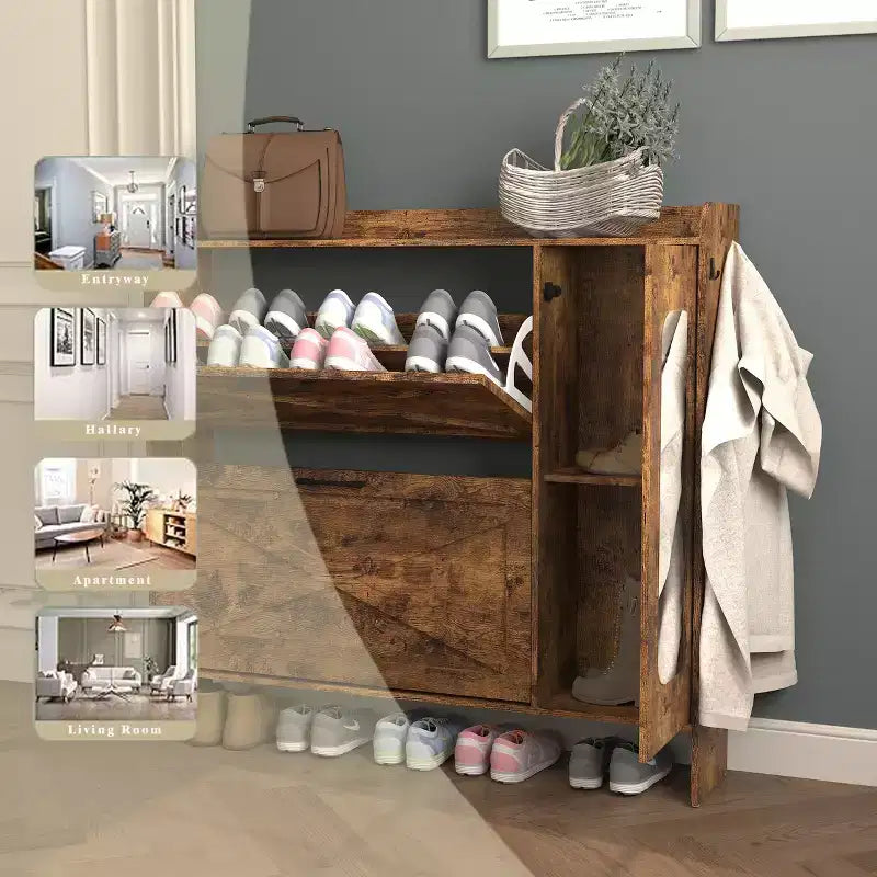 Meuble à chaussures autoportant brun rustique de 104 cm avec porte miroir et 2 tiroirs basculants, peut contenir 16 paires